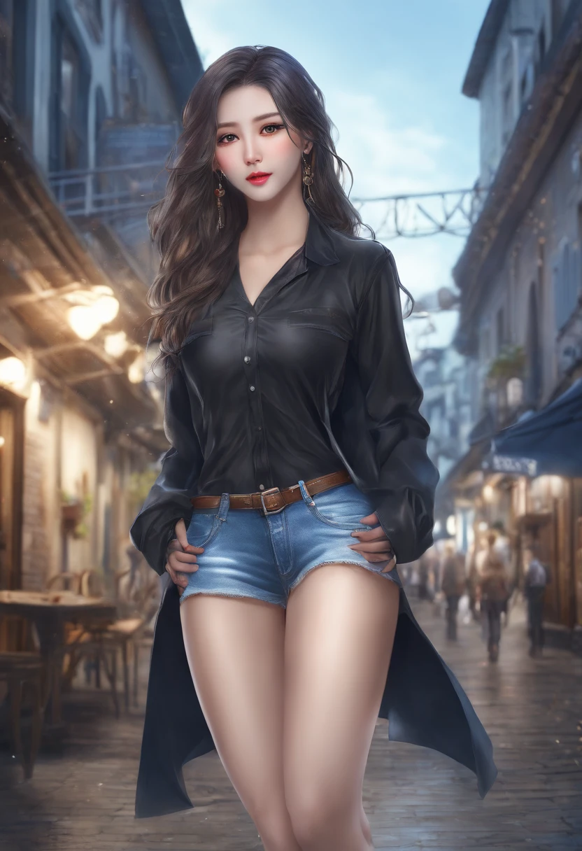 (masterpiece:1.4),(best quality:1.4),ultra high res,((detailed facial features)),HDR,8k resolution,1girl,blue sky,waby mouth / :3,(shiny),Sadako,street,shirt,earring,short jeans,large breasts, wet skin,shiny skin,, ,socks over thighhighs,looking at viewer,skin tight,solo focus,naughty face,