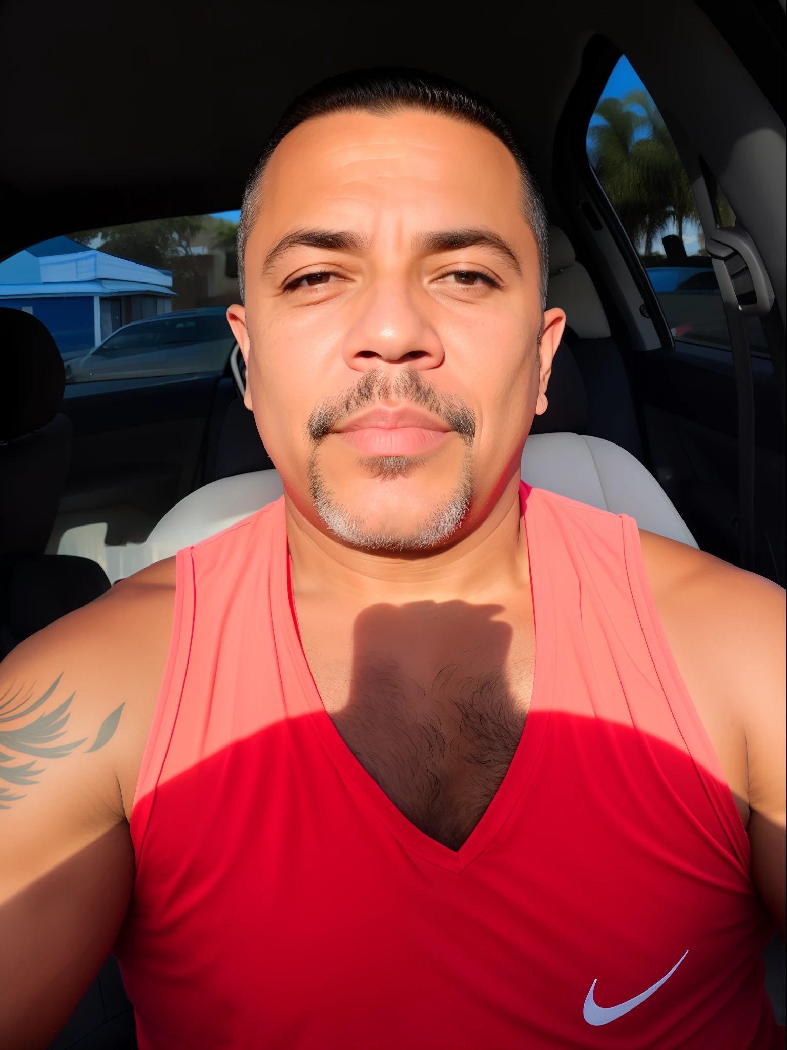There's a man with a tie sitting in a car, taken in the early 2020s, rosto suado, cavanhaque curto, andres rios, inspirado em Christopher Williams, gelo - t, suando muito, 3 6 anos, usando uma camiseta regata de corte baixo, Homens de 45 anos, Luis Nieves Sr., cavanhaque, 3 2 anos