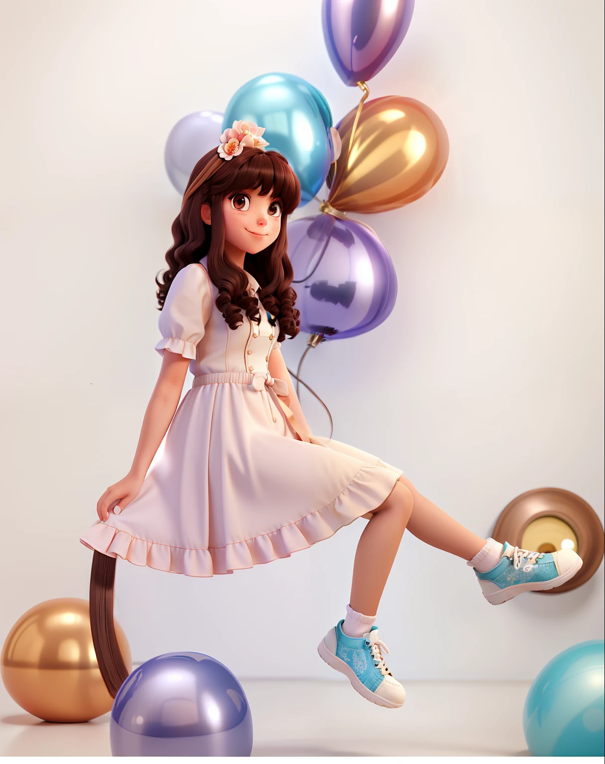 A beautiful girl with medium curly hair with bangs and dark brown, Ojos oscuros sonriendo