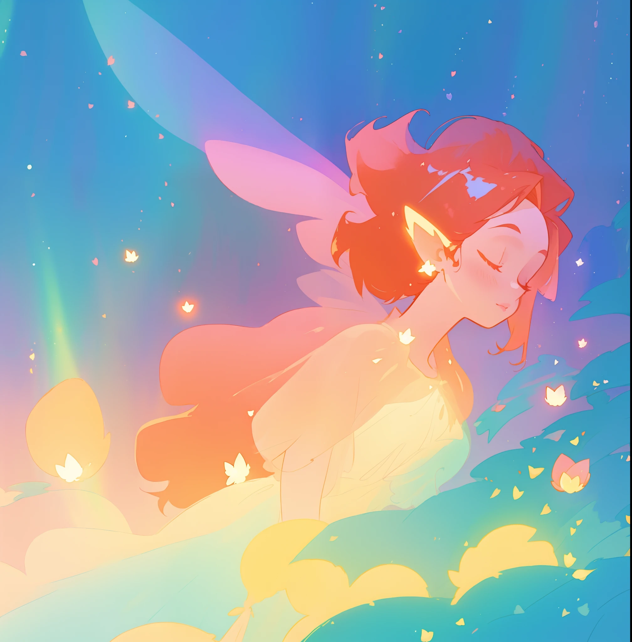 beautiful fairy girl in sparkling dress, glowing ballgown, long red peach hair, colorful fantasia background, fairy wings watercolor illustration, disney art style, glowing aura around her, glowing lights, beautiful digital illustration, fantasia otherworldly landscape plants flowers, beautiful, masterpiece, best quality, anime disney style