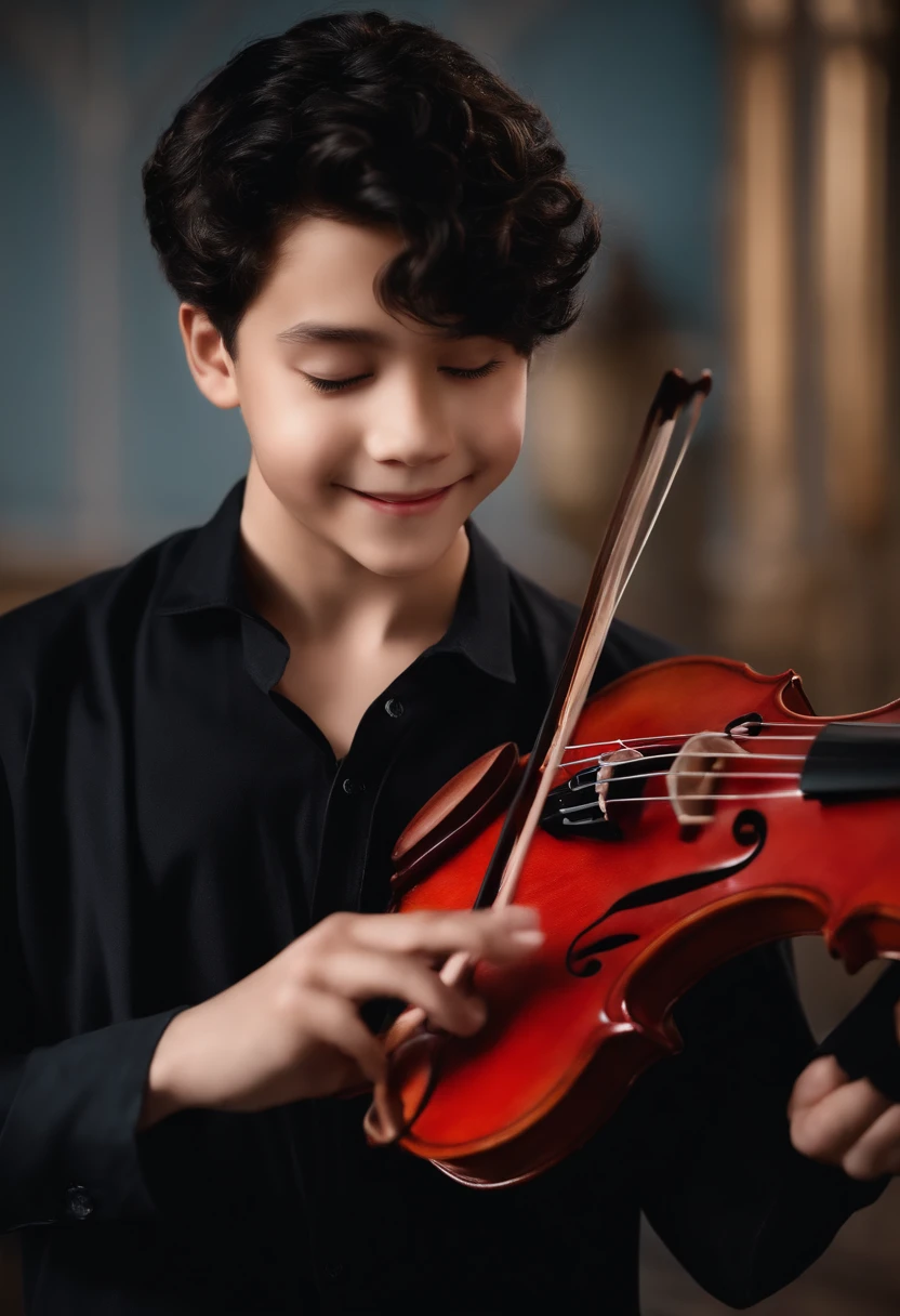 A boy, black wavy hair, red clothes, smiling, violinist