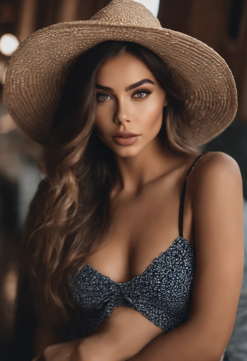 arafed woman with a necklace, large breasts, sitting on a kitchen counter, modern kitchen, white countertop, sexy girl with green eyes, portrait sophie mudd, brown hair and large eyes, selfie of a young woman, bedroom eyes, violet myers, without makeup, natural makeup, looking directly at the camera, face with artgram, subtle makeup, stunning full body shot, piercing green eyes, beautiful angle, attractive pose, cute girl, sexy pose, full body picture, full body, full body shoot, brunette goddess, high detail, satisfied pose, wearing only a blue bucket hat, average breasts, (beautiful detailed face, beautiful detailed eyes), (naked), glow, sweat, (sunbeam, sunlight), (nsfw:1.5)