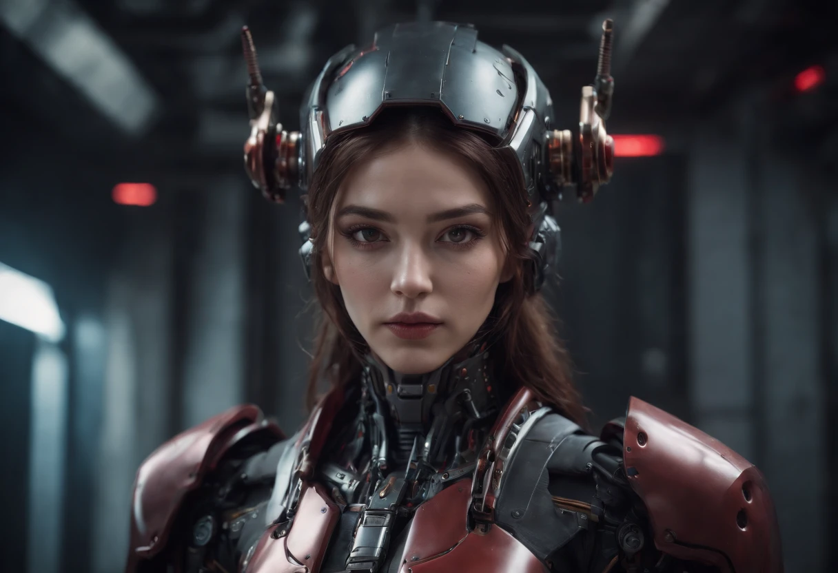 Mechanical Warrior, Cyberpunk, close-up, front view, symmetrical left and right composition, (red is the main color tone: 0.8),
