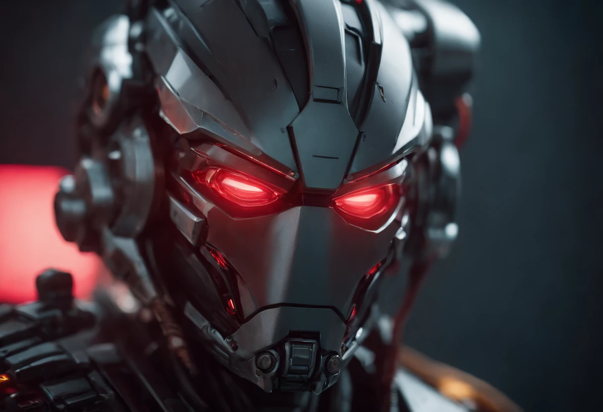Mechanical Warrior, Cyberpunk, close-up, front view, symmetrical left and right composition, (red is the main color tone: 0.8),
