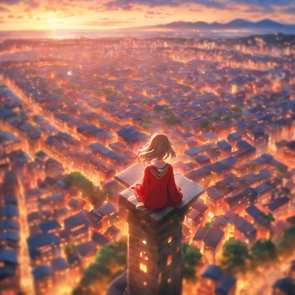 ren,Beautiful fece,girl with,immensity,towns,Viola,Viewpoint from above,Girl Floating,angelicales,发光,morning,