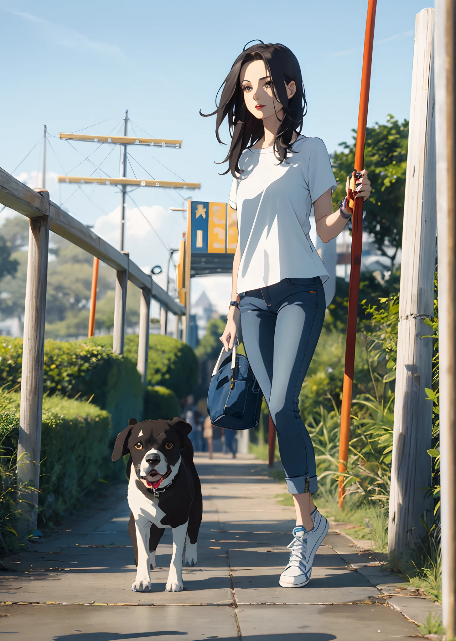 Mulher magra, baixa, cabelo preto e liso na altura do ombro. Olhos castanhos escuros. Denim Jeans Pants, regata azul marinho, white sneakers. Unhas vermelhas. Em um parque passeando com alguns cachorros