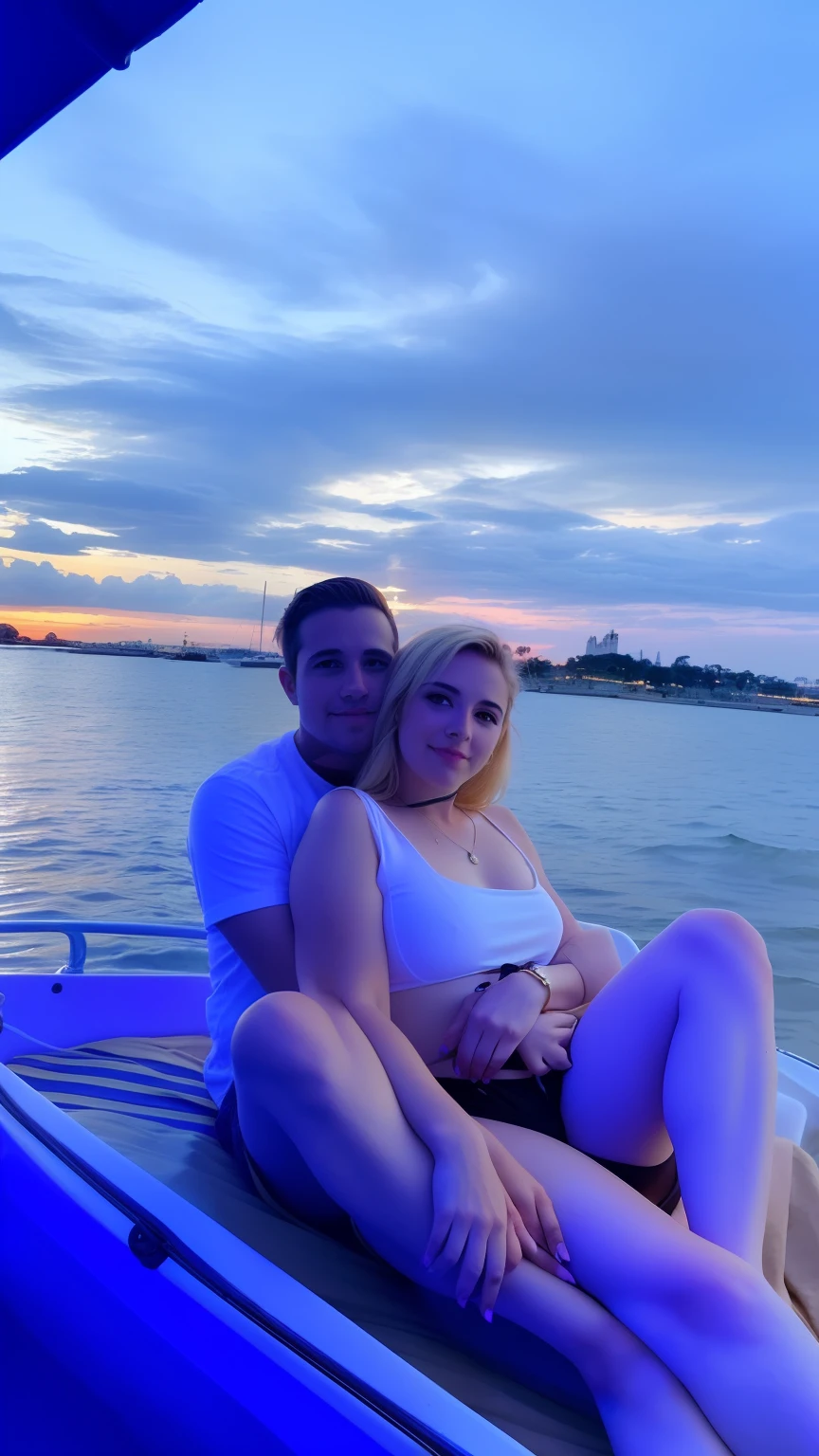 They're sitting in a boat on the water at sunset, em um barco em um lago, em um barco, em um lago, with sunset, no mar, Directed by: Nicholas Marsicano, vacation photo, Directed by: Nandor Soldier, in the sunset, in the sunset, no oceano, Lovely couple, imagem de perfil, during sunset