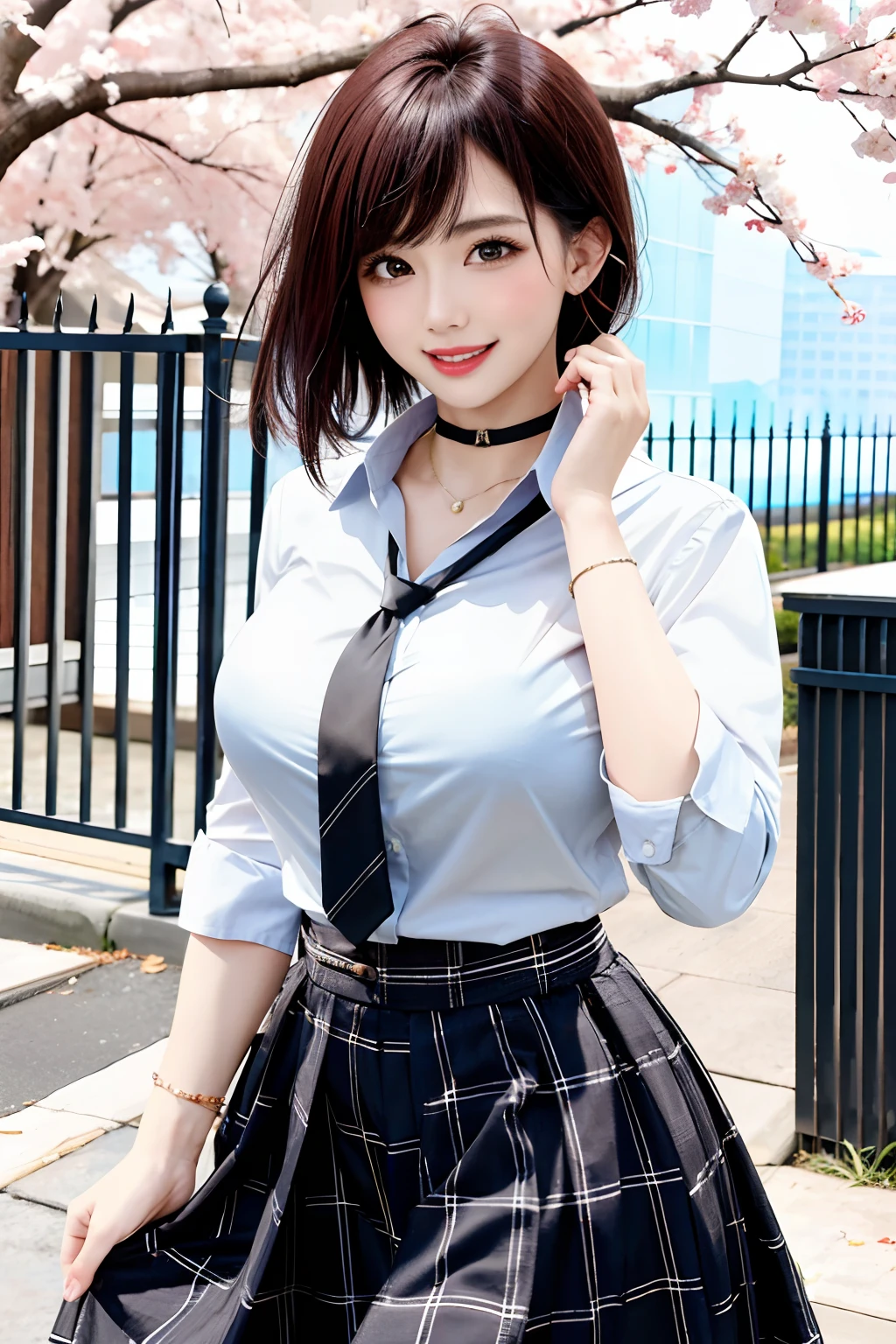 masterpiece, best quality, full body, 1girl, bangs, black choker, black necktie, black hair, blue skirt, blush, bracelet, breasts, choker, clothes around waist, collarbone, collared shirt, cowboy shot, dress shirt, ear piercing, eyebrows visible through hair, gradient hair, grin, gyaru, jewelry, kogal, long hair, looking at viewer, loose necktie, necktie, piercing, plaid, plaid skirt, pleated skirt, red eyes, ring, school uniform, shirt, skirt, smile, solo, white shirt, street, sky, cherry blossoms, petals,illustration, (magazine:1.3), (cover-style:1.3), fashionable, woman, vibrant, outfit, posing, front, colorful, dynamic, background, elements, confident, expression, holding, statement, accessory, majestic, coiled, around, touch, scene, text, cover, bold, attention-grabbing, title, stylish, font, catchy, headline, larger, striking, modern, trendy, focus, fashion,