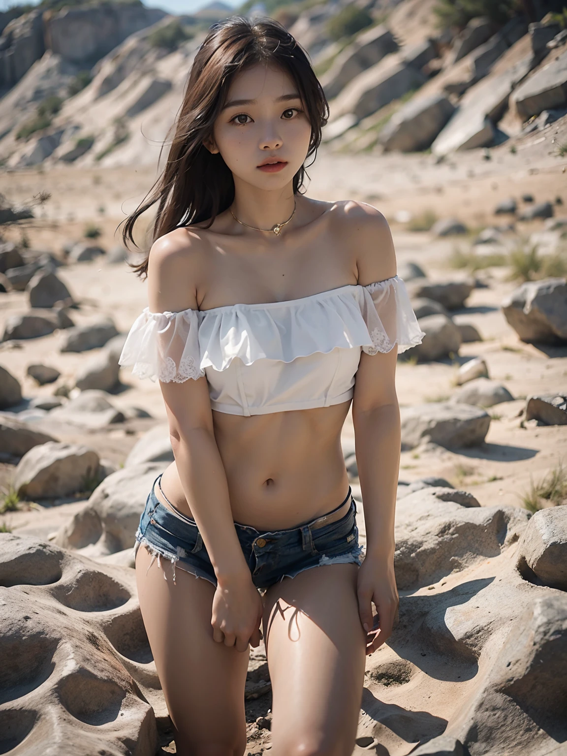 no、Fully naked、noมีเสื้อผ้า、whole body、((realistic Sunlight, 8ก, Highest quality, Masterpiece: 1.3)), (realistic, Sharp focus: 1.2), A very delicate and lovely Japanese girl.: 1.4, (1 woman)), perfect style, Superb details, high resolution, (off shoulder: 1.1), (black hair, short hair, bob cut: 1.2), (big, whole body: 1.3), Highly detailed facial and skin textures, Fine and beautiful eyes, There is slight redness on the face and nose., blue eyes, green eyes, red lips, Eye makeup, Thin belly: 1.2, Shiny skin, necklace, earring, beach, outdoor, realistic shadow,