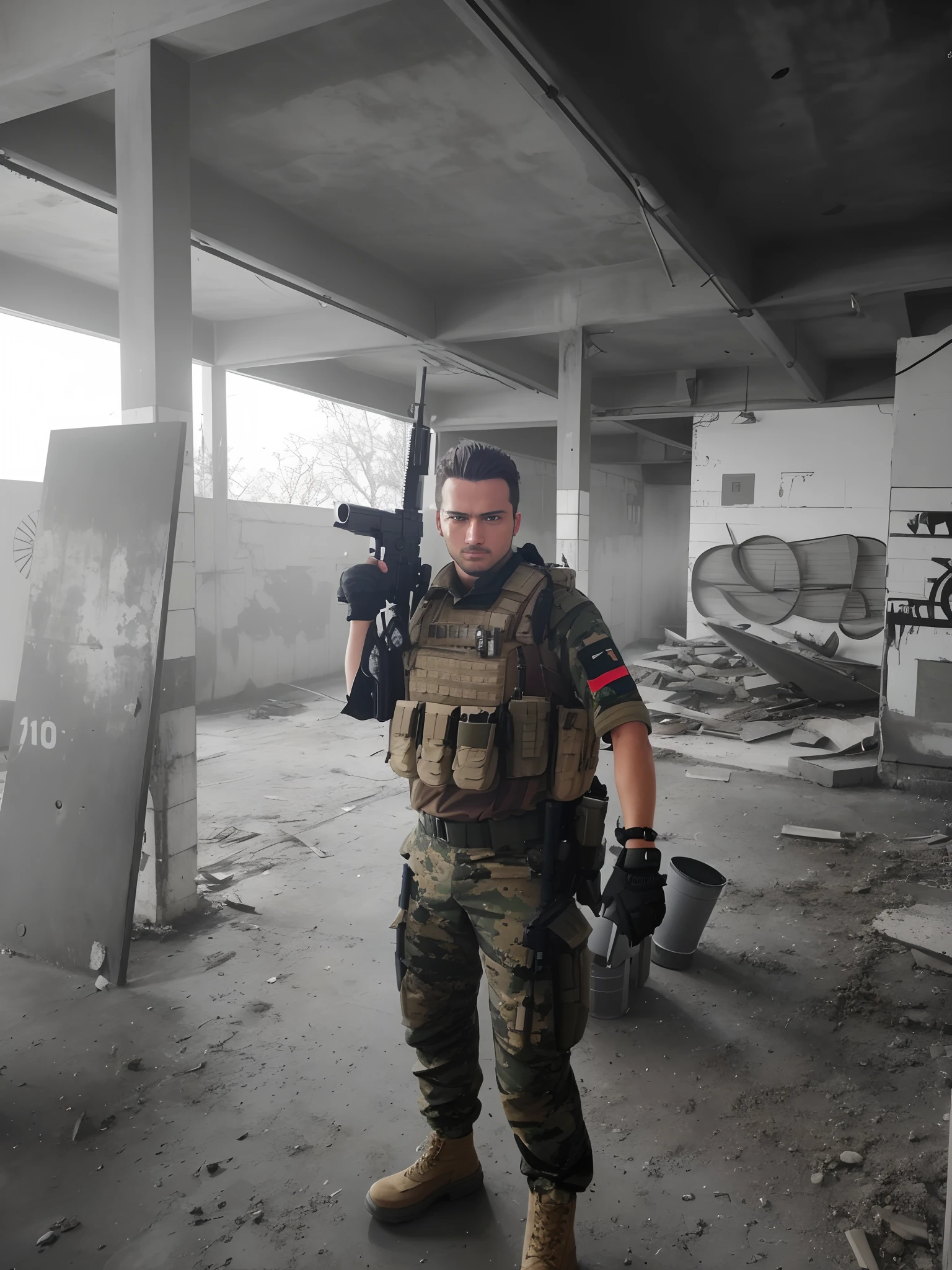 German soldier with a gun in a dirty building, Close-quarters combat, Airsoft CQB, pronto para o combate, in a post-apocalyptic setting, foto de perfil 1024px, Segurando uma m4 com lazer e mira optica, wearing tactical gear, inspirado em marcus luttrel, Dressed in tactical gear, Inspired by the film Black Hawk in Distress, pose vitoriosa, um ouco sujo do combate,