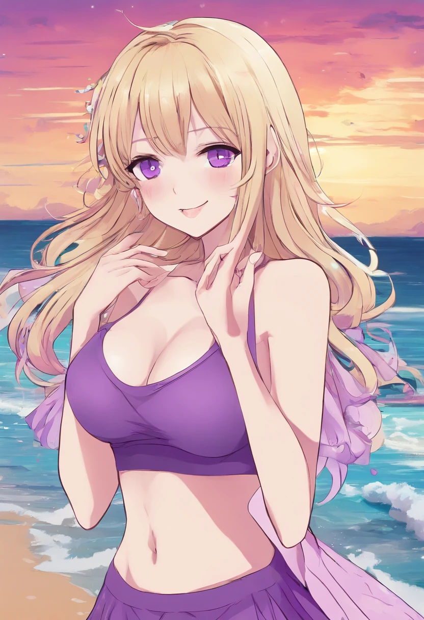 1woman, Taeri, solo, lustful smile, blue eyes, blond long hair, purple micro bikini, (clear signs of arousal), provocative pose, pelvis, sweaty, steamy breath, beach, (NSFW:0.4), (((covered with shadows)))