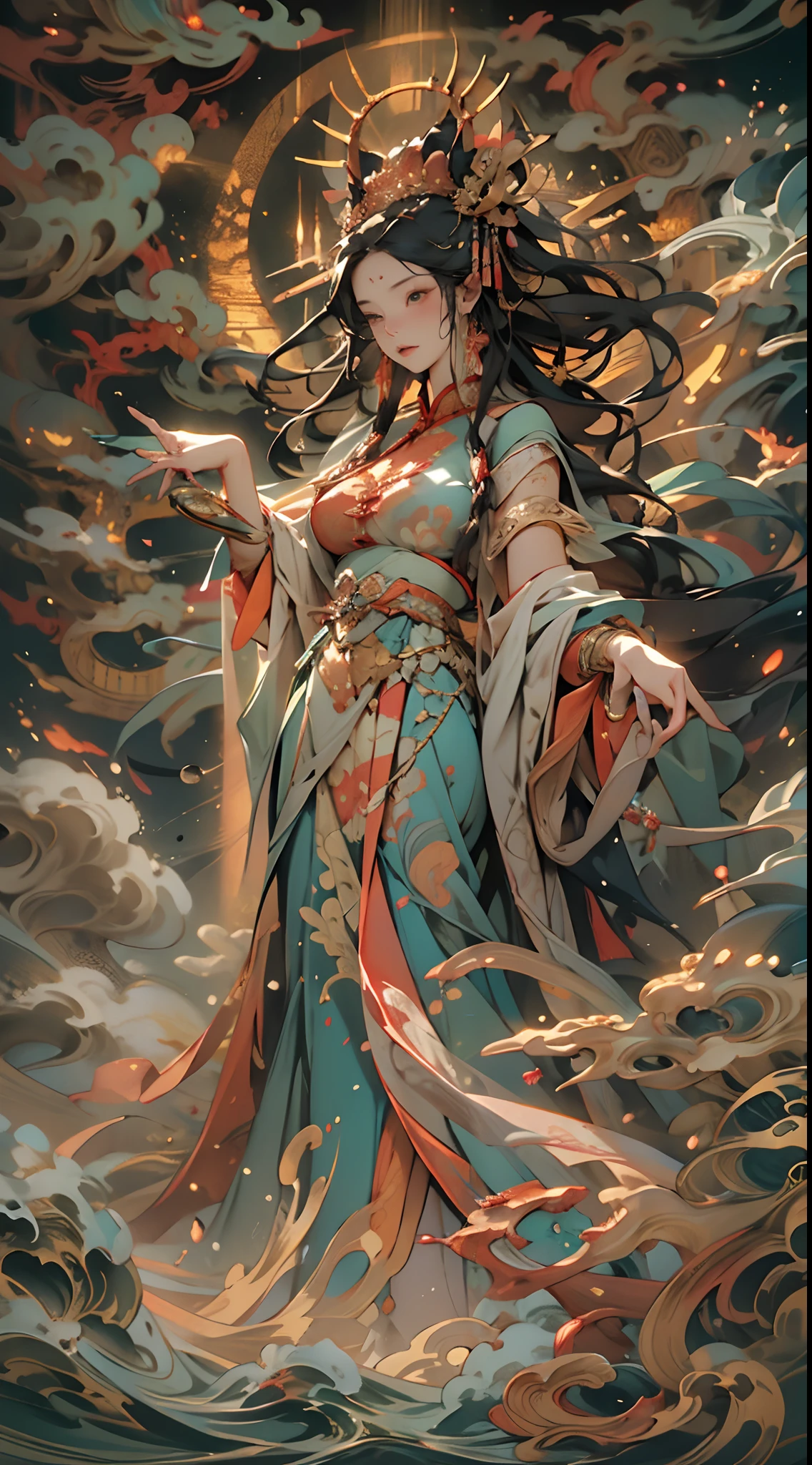The image of the Great Goddess depicts an ancient goddess of creation,Nuwa is the creation goddess in Chinese mythology。This is a great image of the goddess that has been handed down from the matriarchal clan period of primitive society。Deep background,absurderes,Fantastic and incredible,Epic composition,(Complicated details,Hyper-detailing:1.2),Ultra photo realsisim, epic realistic, ((com cores neutras)),(pastel colour:1.2), Hyper-realistic, + cinema shot + Dynamic composition, Incredibly detailed, Sharpen, Cinematic, warm lights, Light effect, Dramaticlight, (Intricate details:1.1), the complex background, (greg rutkovsky:0.8),fully body photo,Fly in the sky,The image of the great goddess,Chinese mythology,