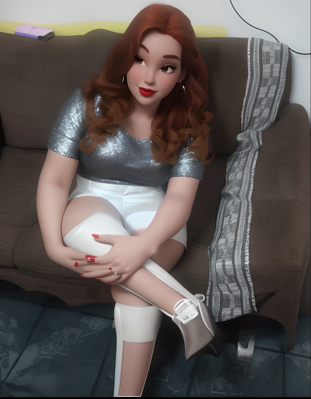 Create a high quality, Disney Pixar Style Poster
 With A 21-year-old woman, white, thin, medium hair, with curling iron and red hair, brown eyes, mouth a little open, wearing earrings, red lipstick, sitting on the sofa, legs crossed, with her hands on her legs, nails painted red, looking at the cell phone camera, shiny gray short-sleeved blouse, showing her belly, short white shorts, wearing leg braces
Background, sofa and a bit of the wall