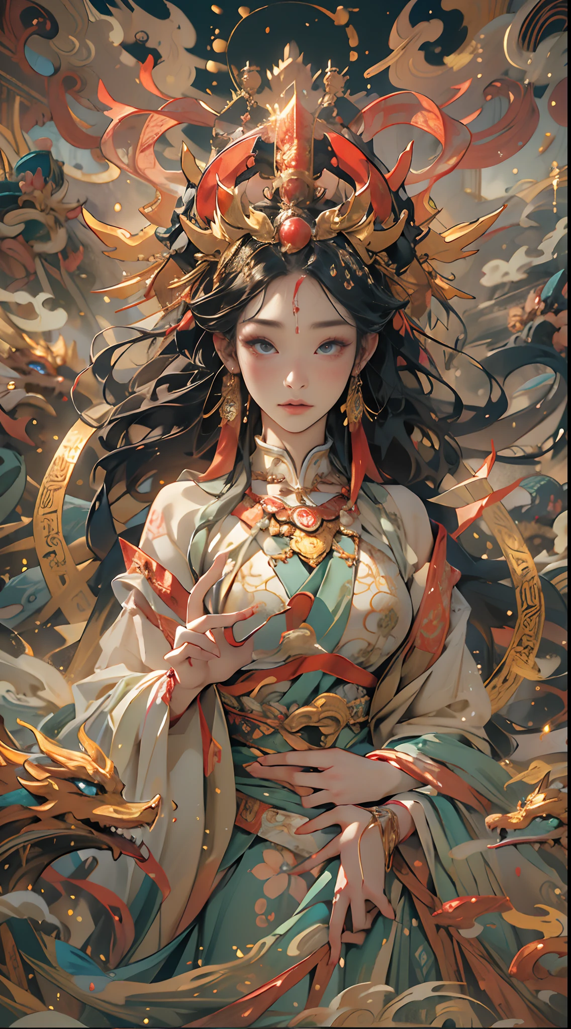 The image of the Great Goddess depicts an ancient goddess of creation，Nuwa is the creation goddess in Chinese mythology。This is a great image of the goddess that has been handed down from the matriarchal clan period of primitive society。Deep background，absurderes，Fantastic and incredible，Epic composition，(Complicated details，Hyper-detailing:1.2)，Ultra photo realsisim, epic realistic, ((com cores neutras)),(pastel colour:1.2), Hyper-realistic, + cinema shot + Dynamic composition, Incredibly detailed, Sharpen, Cinematic, warm lights, Light effect, Dramaticlight, (Intricate details:1.1), the complex background, (greg rutkovsky:0.8),fully body photo，Fly in the sky，The image of the great goddess，Chinese mythology，