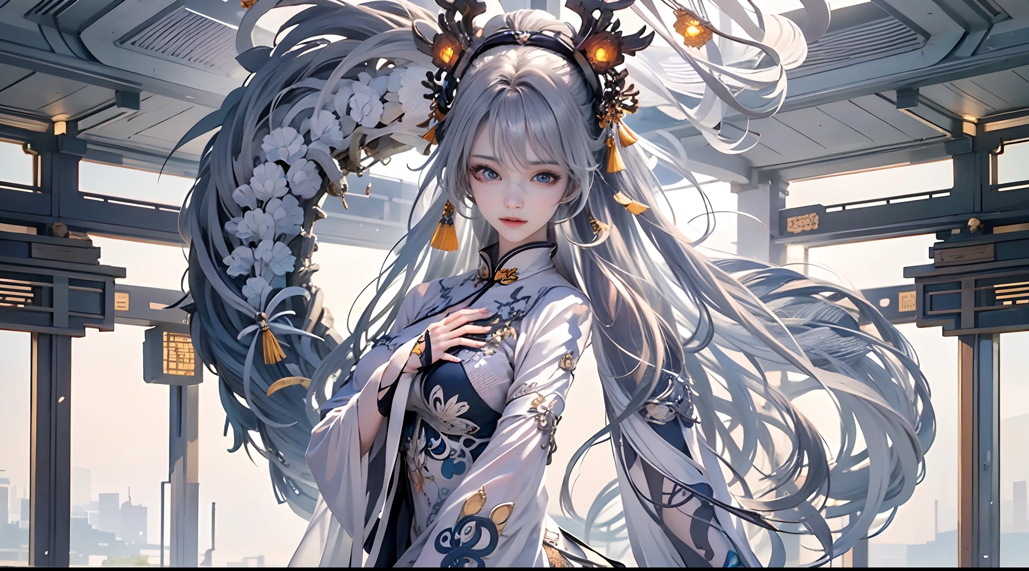 Official Art, Unified 8k Wallpapers, ((Hyperrealism) (Surrealism)), (3D), Ultra Detailed, Beautiful and Aesthetic, Masterpiece, Best Quality, (Zentangle, Tangle, Entangle), (Fractal Art: 0.5), (Full Body Character Design, Full Body: 0.3), 2girl, Detailed Eyes, (Delicate Skin, Diffused Skin Pores) (Long White Hair), No Shoulder Straps, Girl in Mecha Network Armor, Beautiful White Girl Cyborg, Weapon in hand, Chinese style, wide vision, black and white, martial arts, Chinese cyberpunk architecture, movie lighting, full body character design, full body: 0.3), China, (dream: 1), (silk: 1), sky with Chinese dragon, Chinese phoenix, (smile: 1.5), (Chinese deity),