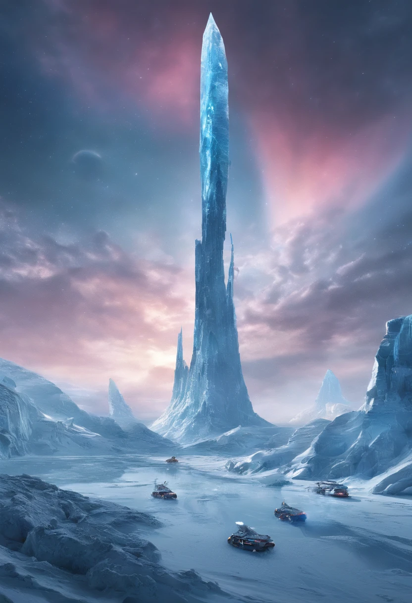 Antarctic continent、amazing composition、Huge ice wall、Ice pyramid、Ruins、spaceships、The human、Ice World