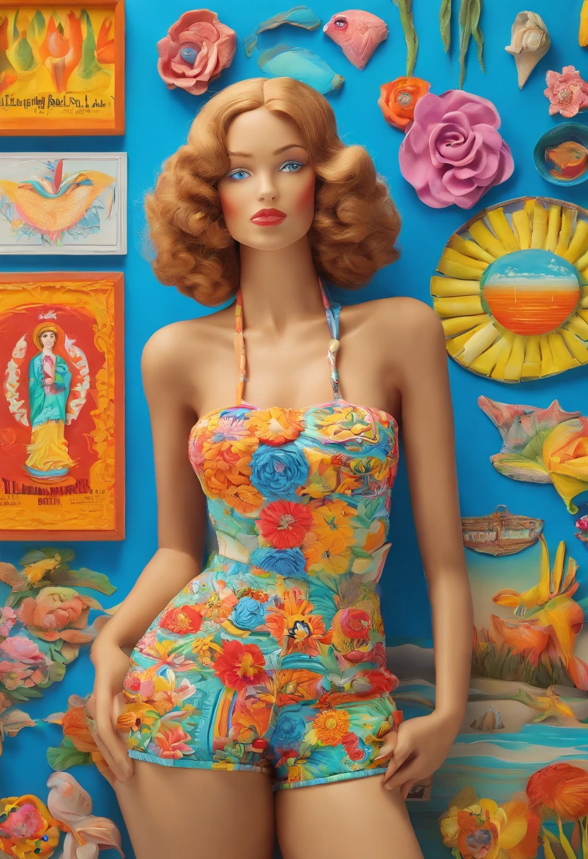 beautiful woman in the center,vintage beach clothing(ads on beach clothing),vintage advertisements surrounding her,accessories on both sides,human central,garden, short jean shorts,vintage designs,vibrant colors,hand-painted artwork,framed artwork