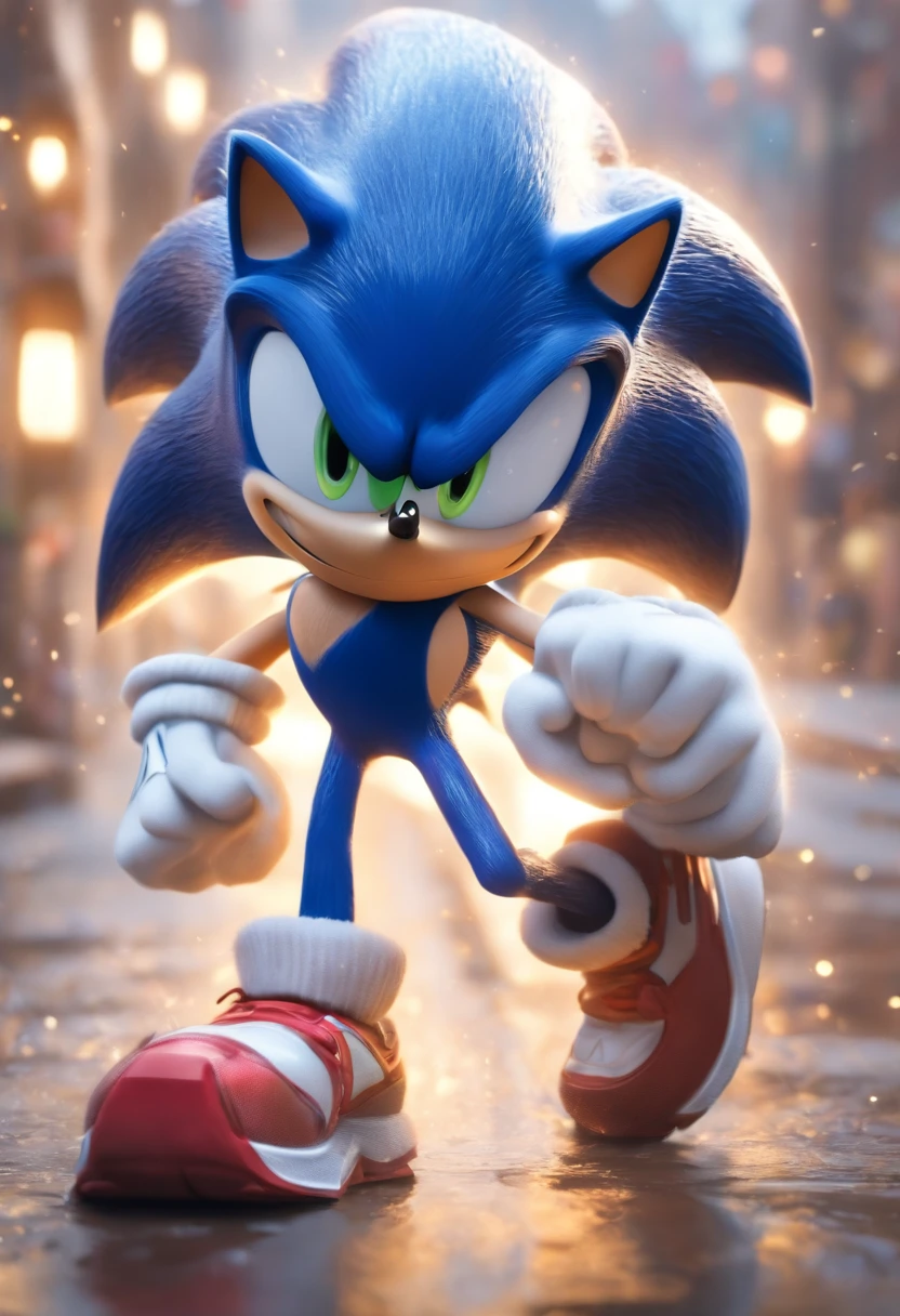 (Estilo Pixar),sonic,em uma ilha Modelo de personagem em miniatura, fonte de luz da direita para a esquerda, Rum lighting, fonte de luz da direita para a esquerda, Realistic proportions, Post-processing, ((perspectiva ortogonal)), Super Detalhe, Realistic, super realistic, photoreal render,