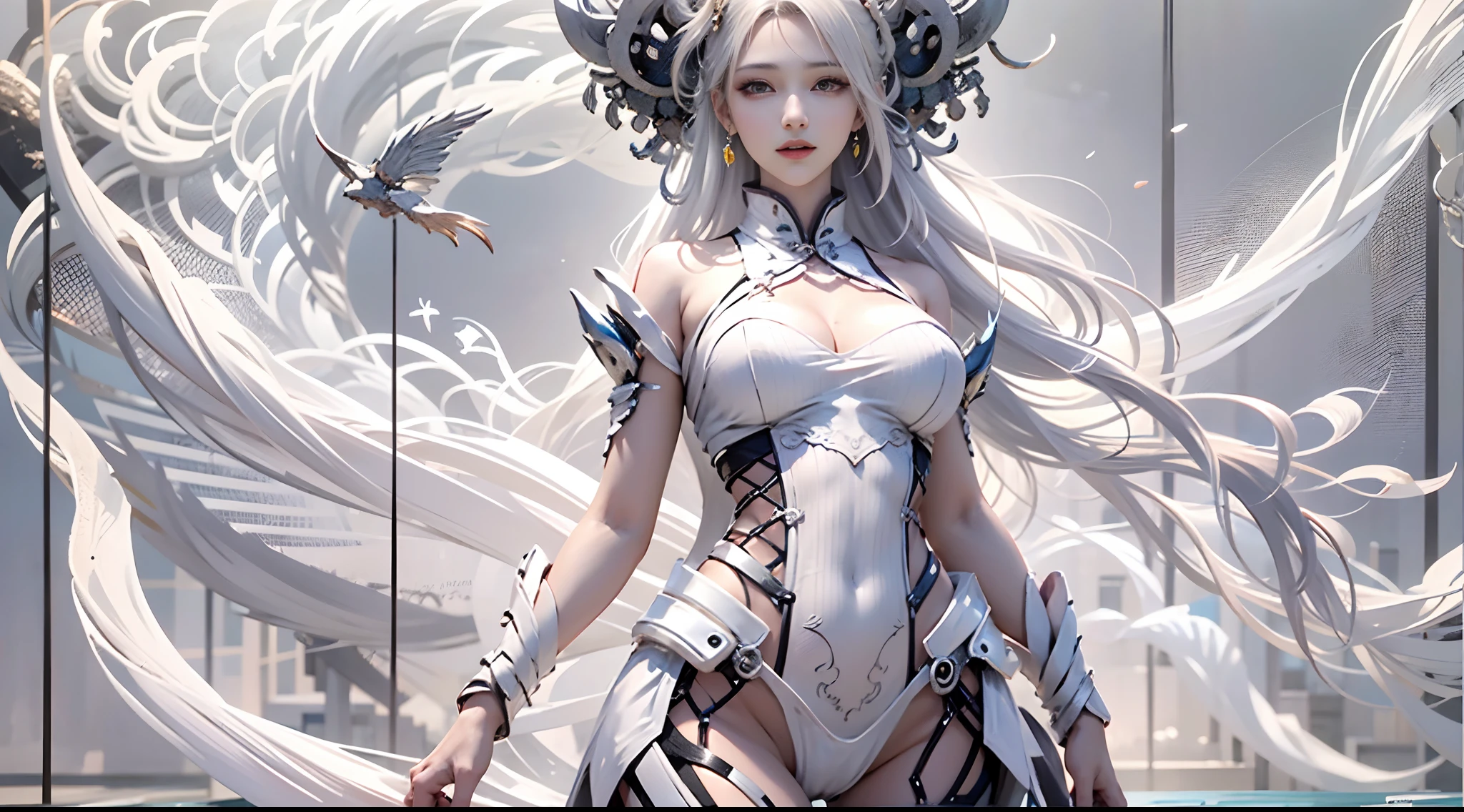 Official Art, Unified 8k Wallpapers, ((Hyperrealism) (Surrealism)), (3D), Ultra Detailed, Beautiful and Aesthetic, Masterpiece, Best Quality, (Zentangle, Tangle, Entangle), (Fractal Art: 0.5), (Full Body Character Design, Full Body: 0.3), 2girl, Detailed Eyes, (Delicate Skin, Diffused Skin Pores) (Long White Hair), No Shoulder Straps, Girl in Mecha Network Armor, Beautiful White Girl Cyborg, Weapon in hand, Chinese style, wide vision, black and white, martial arts, Chinese cyberpunk architecture, movie lighting, full body character design, full body: 0.3), China, (dream: 1), (silk: 1), sky with Chinese dragon, Chinese phoenix, (smile: 1.5), (Chinese deity),