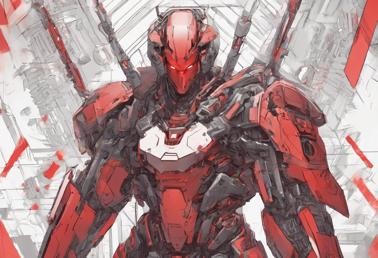 (Mechanical Warrior: 1.1), Cyberpunk, close-up, front view, symmetrical left and right composition, (red is the main color tone: 0.9),
