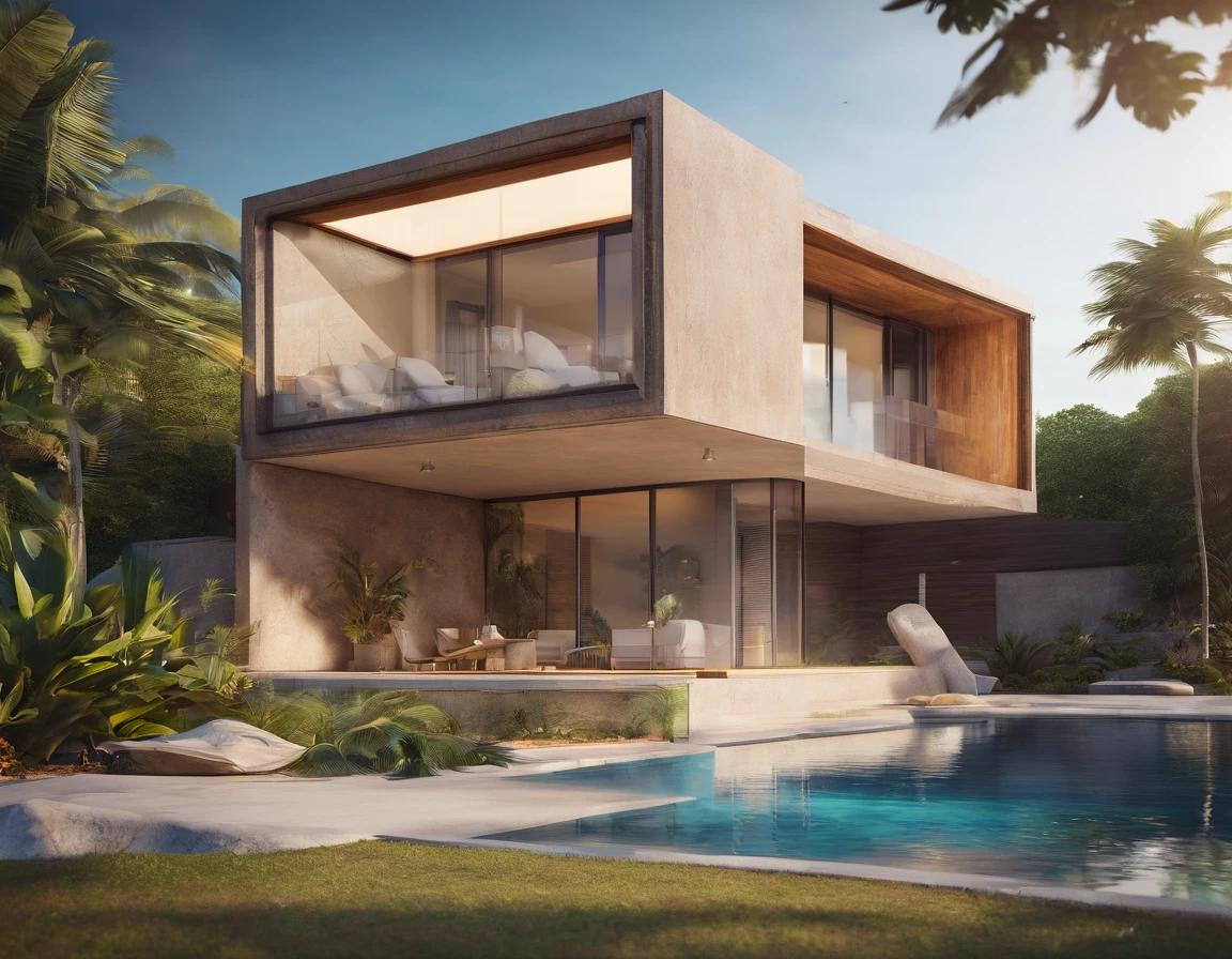 Casa de concreto moderna, em climas tropicais,hiper-realista,fotografia,melhor qualidade,extremamente completo detalhado,with an organic swimming pool,perpectiva.