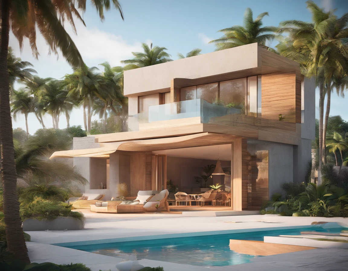 Casa de concreto moderna, em climas tropicais,hiper-realista,fotografia,melhor qualidade,extremamente completo detalhado,with an organic swimming pool,perpectiva.