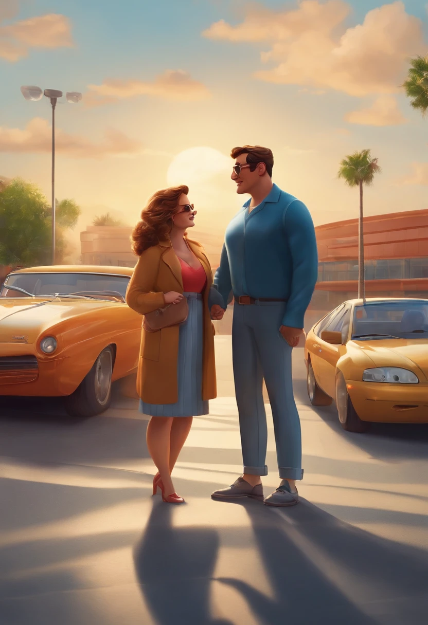 There's a couple in the parking lot of a mall, standingn, Casual Position Happy Countenance Tall Man And Short Woman Chubby Strong Man White Woman And Vom Round Face, disney pixar, ia, mulher de oculos, mode tipo casual