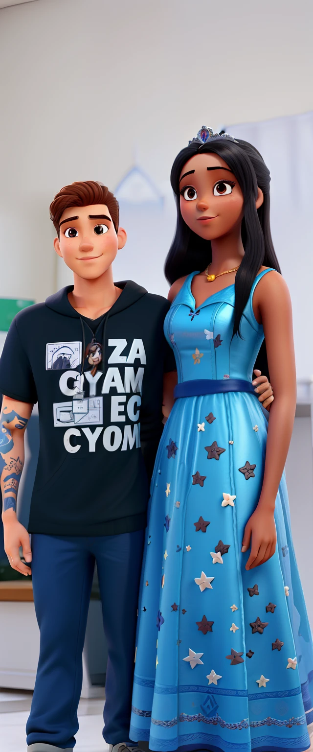 Casal qualidade alta , homem branco 24 anos cabelo curto preto de terno , mulher morena 24 anos vestido de princesa cabelos longos e preto , modelo Disney 3d