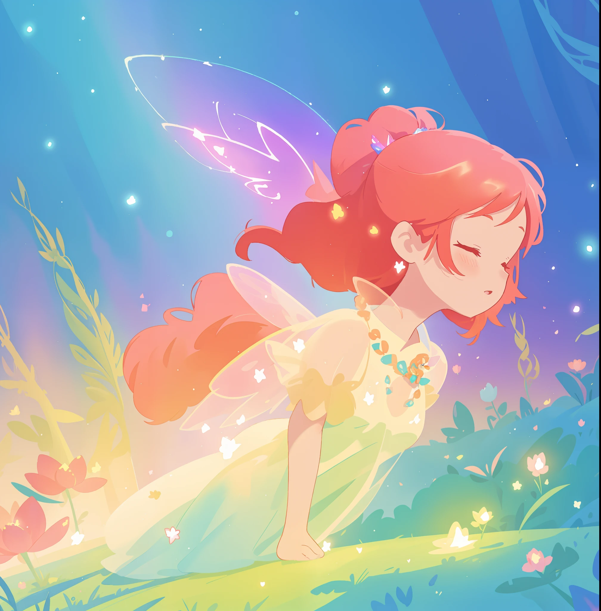 beautiful fairy girl in sparkling dress, glowing ballgown, long red peach hair, colorful fantasia background, fairy wings watercolor illustration, disney art style, glowing aura around her, glowing lights, beautiful digital illustration, fantasia otherworldly landscape plants flowers, beautiful, masterpiece, best quality, anime disney style