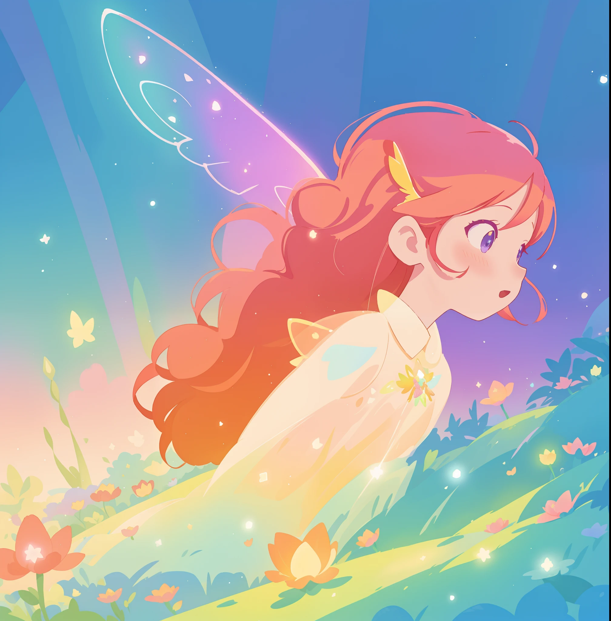 beautiful fairy girl in sparkling dress, glowing ballgown, long red peach hair, colorful fantasia background, fairy wings watercolor illustration, disney art style, glowing aura around her, glowing lights, beautiful digital illustration, fantasia otherworldly landscape plants flowers, beautiful, masterpiece, best quality, anime disney style
