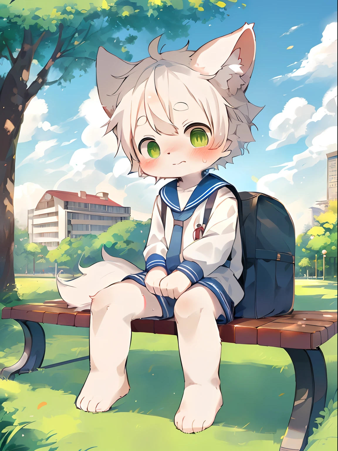 masutepiece, High quality, Absurd resolution, Digital Painting \ (The artwork \), By Dagasi, yupa, Kiyosan, (fluffy fur, White fur, Full body fur,), Male ,独奏,1 person, Green eyes, White hair,Carrying a school bag on your back,Ears lowered,kawaii,Sweating,a sailor suit, Bare legged, Bright eyes, the panorama, Character Focus. Detailed background, cloud background,a park,Bench under the tree ,sitting on