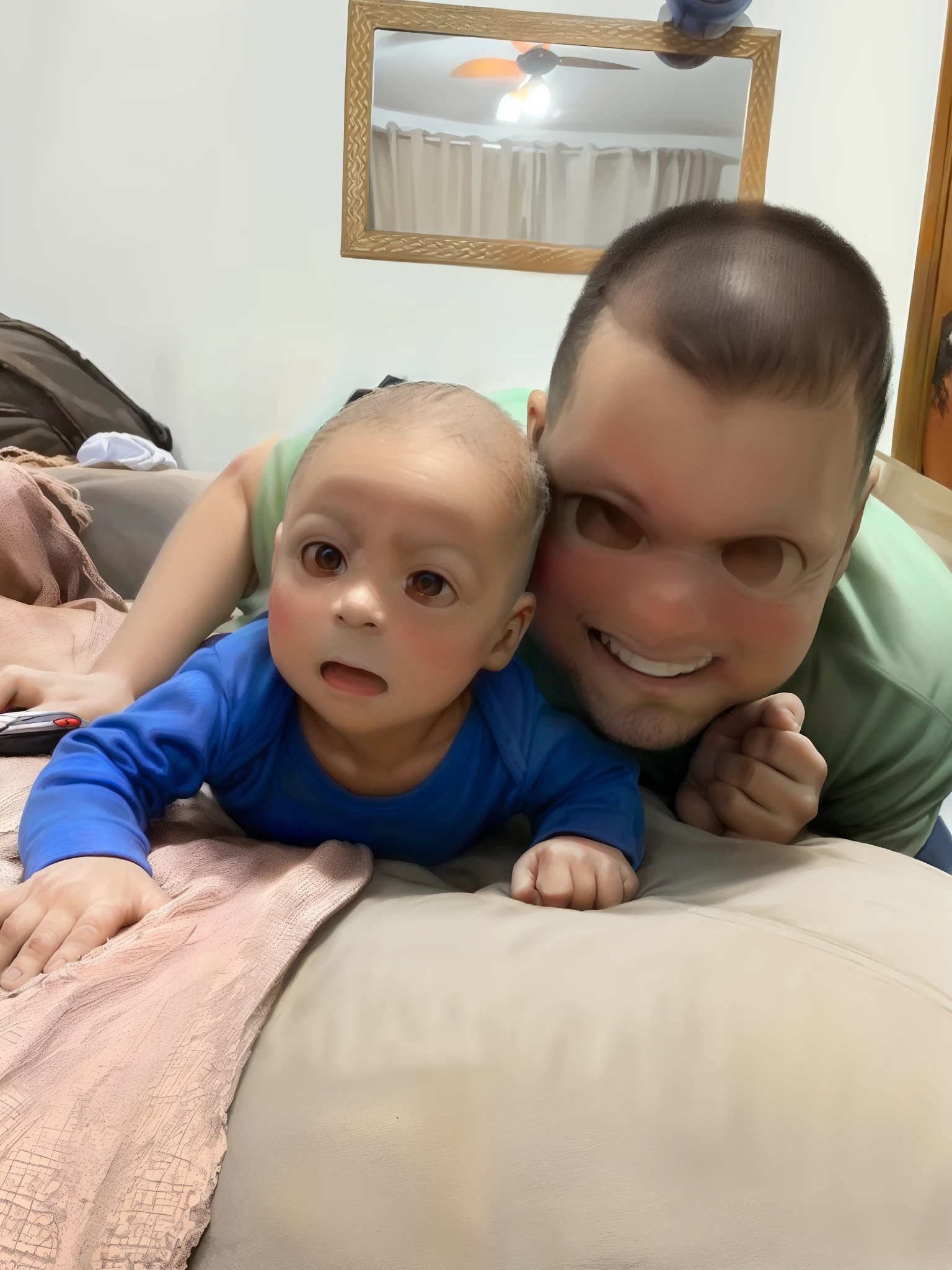 There's a man and a baby lying on a bed, with a kid, pai com filho, Postagem no Reddit, 1614572159, Jose Miguel Romano Francisca, caio santos, Ronaldo Nazario, imagem de qualidade muito baixa, david rios ferreira, Ronaldo Nazario Fenomeno, testa larga paterna carinhosa