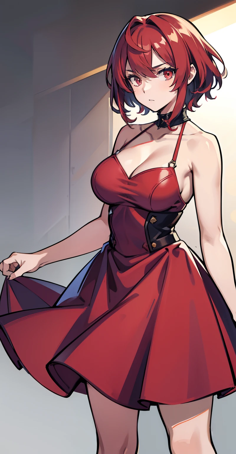 1girl, masterpiece, lady_nagant, short hair, red hair,  red eyes, Medium breasts, red dress