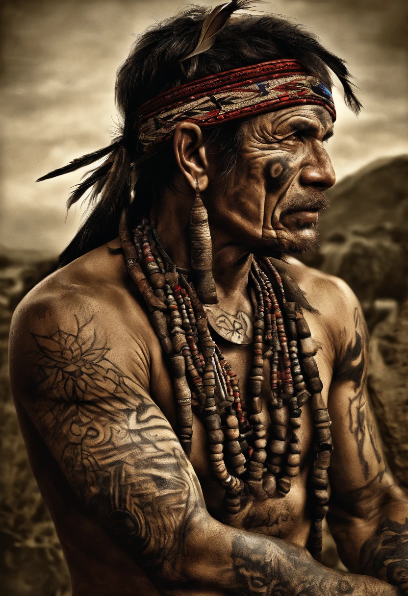 In an antique rustic setting, a man with a heavily tattooed body from the 60s is depicted. His tattoos are vibrant and hold classic imagery that complements his rugged appearance. The color palette of the artwork creates a harmonious combination, evoking a nostalgic atmosphere. The lighting highlights the details of the tattoos, casting subtle shadows and emphasizing the fine lines and shading. The overall image quality is of the highest standard, ensuring every intricate detail is captured. The artwork is rendered in a medium that accentuates the traditional and timeless feel of the subject matter, such as oil painting or realistic charcoal. The prompt includes tags for best quality (4k, 8k, highres, masterpiece:1.2), ultra-detailed, realistic (photorealistic, photo-realistic:1.37), HDR, vivid colors, and sharp focus.