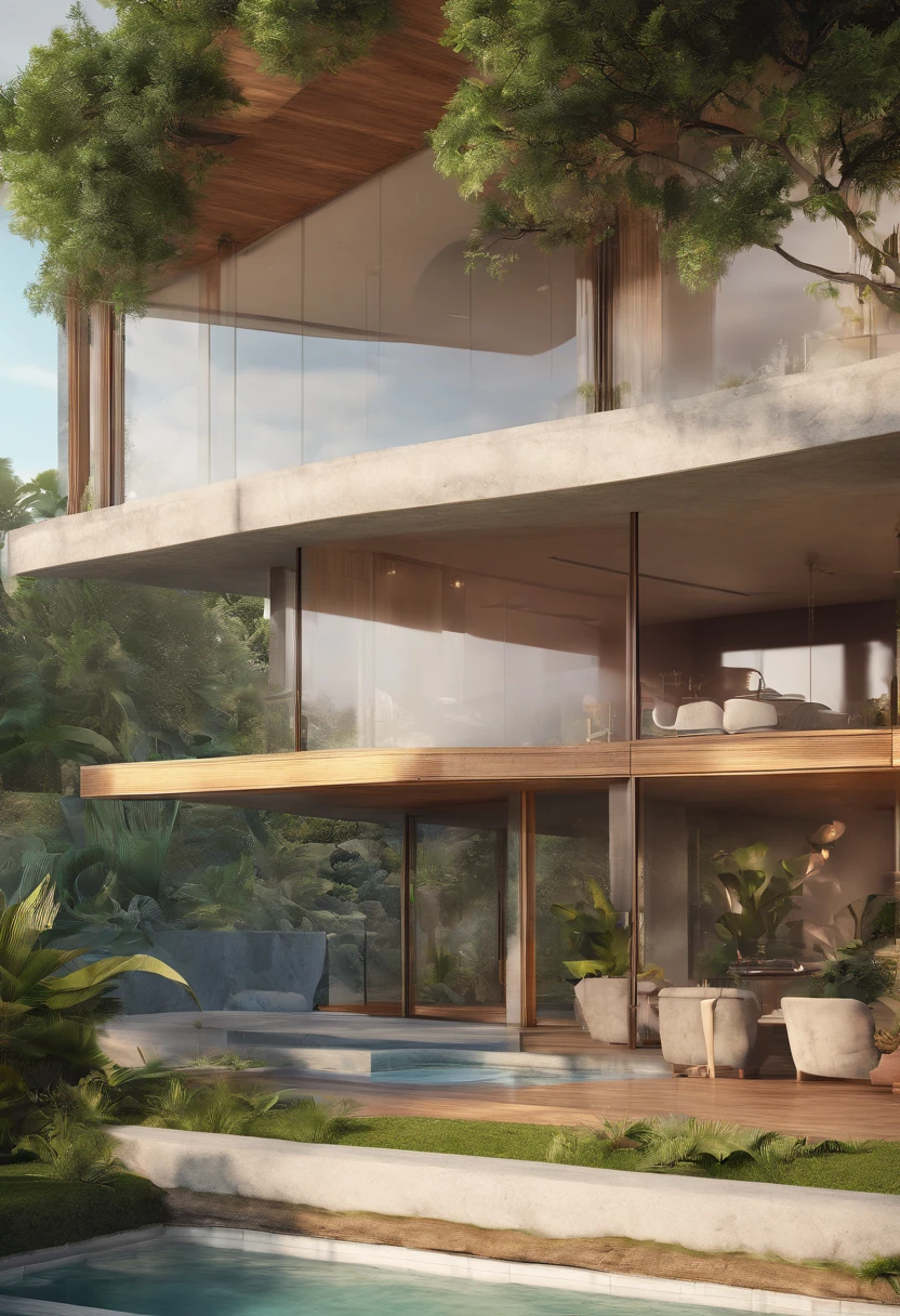 Casa de concreto moderna, em climas tropicais,hiper-realista,fotografia,melhor qualidade,extremamente completo detalhado,with an organic swimming pool,perpectiva,lots of vegetation around