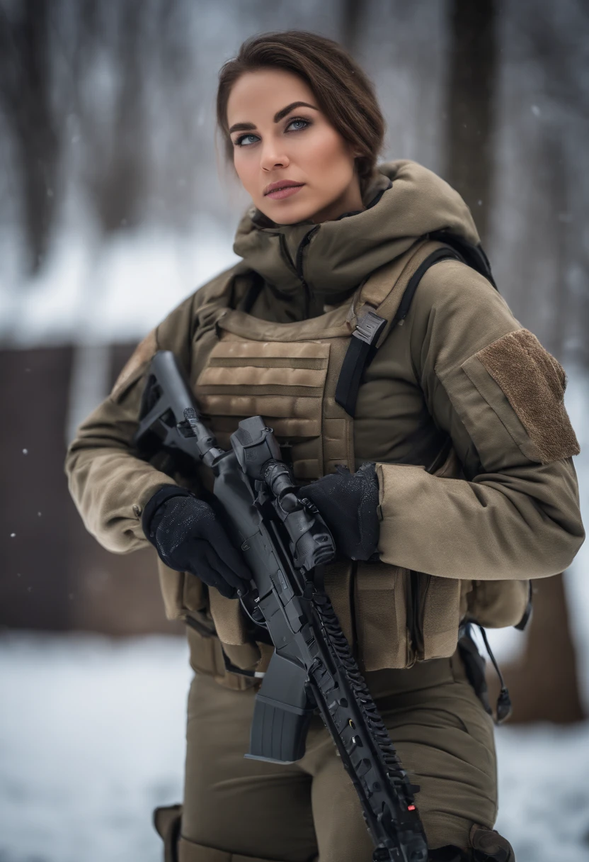 (photorealistic), beautiful lighting, best quality, realistic, full body portrait, real picture, intricate details, depth of field, 1girl, in a cold snowstorm, A very muscular solider girl with haircut, wearing winter camo military fatigues, camo plate carrier rig, combat gloves, (magazin pouches), (kneepads), highly-detailed, perfect face, blue eyes, lips, wide hips, small waist, tall, make up, tacticool, Fujifilm XT3, outdoors, bright day, Beautiful lighting, RAW photo, 8k uhd, film grain, ((bokeh))