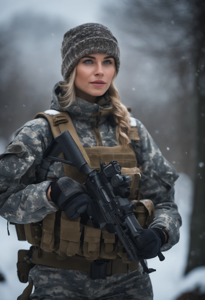 (photorealistic), beautiful lighting, best quality, realistic, full body portrait, real picture, intricate details, depth of field, 1girl, in a cold snowstorm, A very muscular solider girl with haircut, wearing winter camo military fatigues, camo plate carrier rig, combat gloves, (magazin pouches), (kneepads), highly-detailed, perfect face, blue eyes, lips, wide hips, small waist, tall, make up, tacticool, Fujifilm XT3, outdoors, bright day, Beautiful lighting, RAW photo, 8k uhd, film grain, ((bokeh))