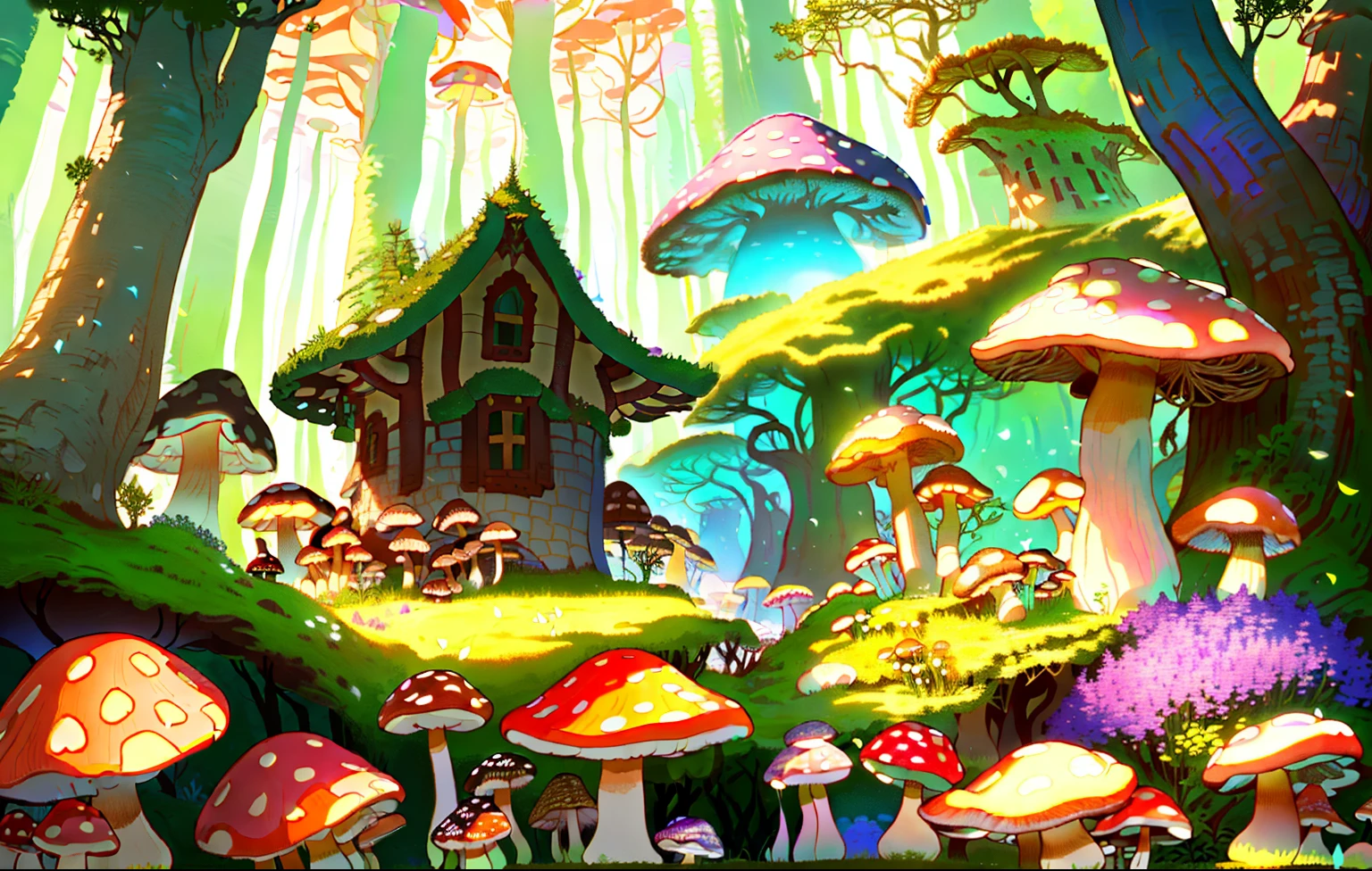 Mushrooms grow out of the ground, mushroom house,houses in the shape of mushrooms, beautiful render of a fairytale, whimsical fantasy landscape art, fantasy matte painting,enchanted magical fantasy forest, magical fairy background, Mushroom forest