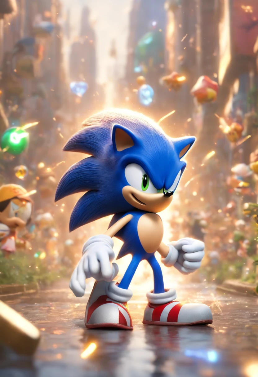(Estilo Pixar),Sonic the Hedgehog em uma ilha Modelo de personagem em miniatura, fonte de luz da direita para a esquerda, Rum lighting, fonte de luz da direita para a esquerda, Realistic proportions, Post-processing, ((perspectiva ortogonal)), Super Detalhe, Realistic, super realistic, photoreal render,