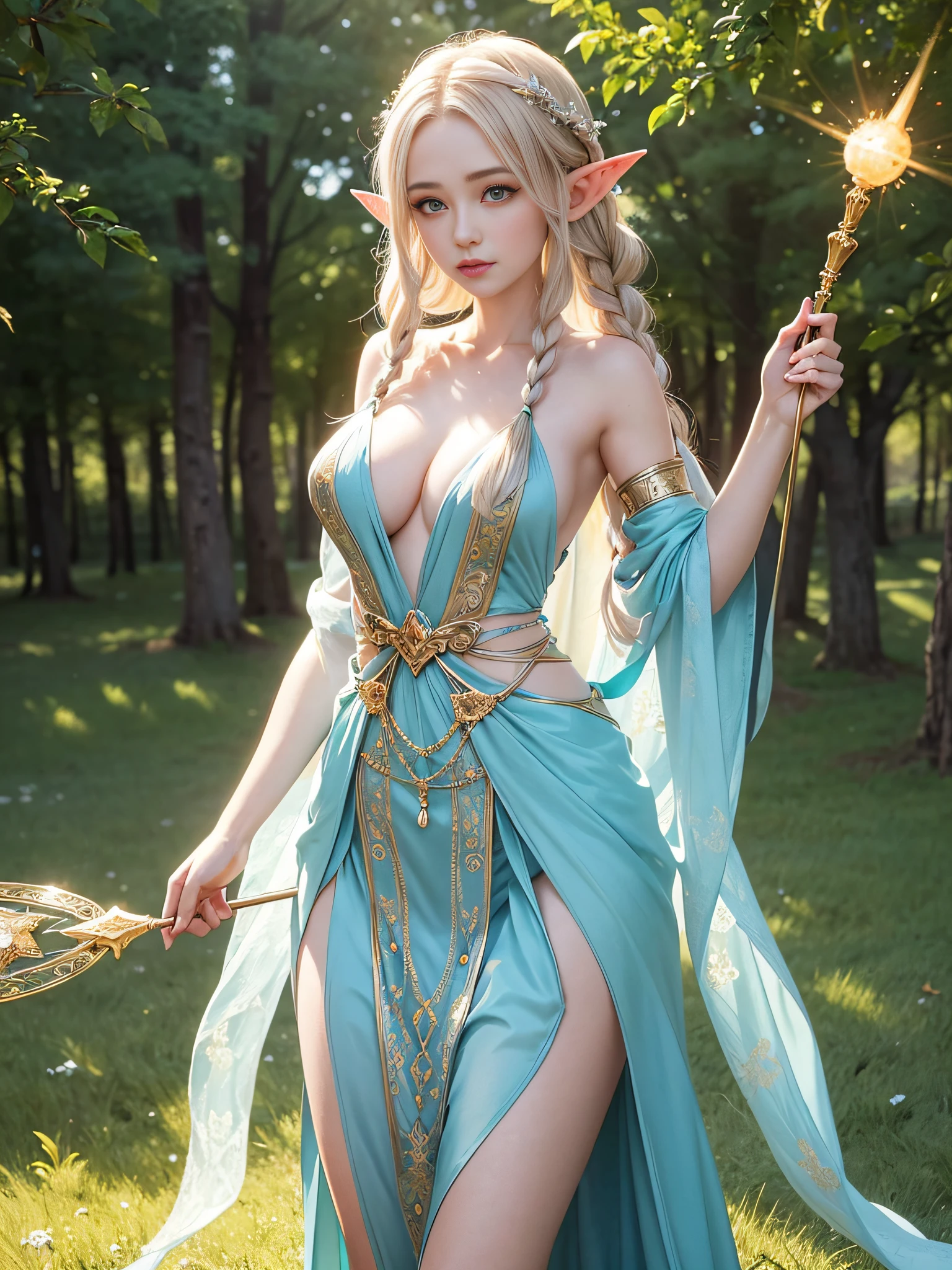 A graceful elf girl stands in a meadow, her delicate features illuminated by the soft light of the setting sun. Her long, flowing hair cascades down her back, adorned with intricate braids and adorned with sparkling jewels. This stunning painting captures the ethereal beauty of elves. Her slender figure in a silk dress sways in the soft meadow breeze. The artist's attention to detail is evident in the intricate patterns of her dress and the subtle highlights of her luminescence. skin. This breathtaking depiction of an elf girl exudes a sense of enchantment and transports the viewer to a magical world. The beautiful elf magician is awe-inspiring as she holds a magician's staff, uses fireball magic, and is about to defeat the Demon King with explosion magic., If you pull up your skirt, you can see your see-through panties and it will be embarrassing.