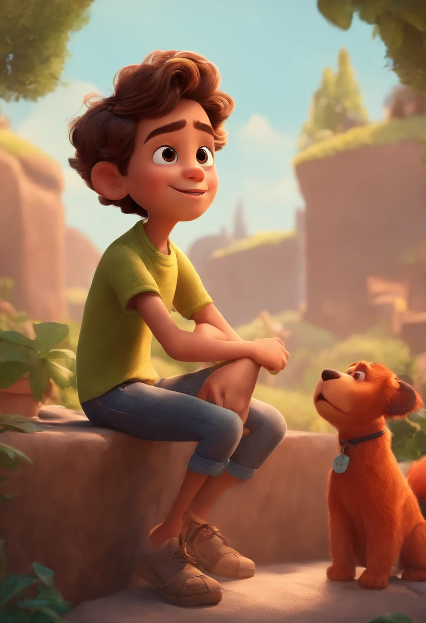Um filme inspirado na Disney Pixar ( JOVEM Sorridente, com casaco PRETO) dentro A cena estar na arte distinta do estilo PIXAR, descolada e estilosa