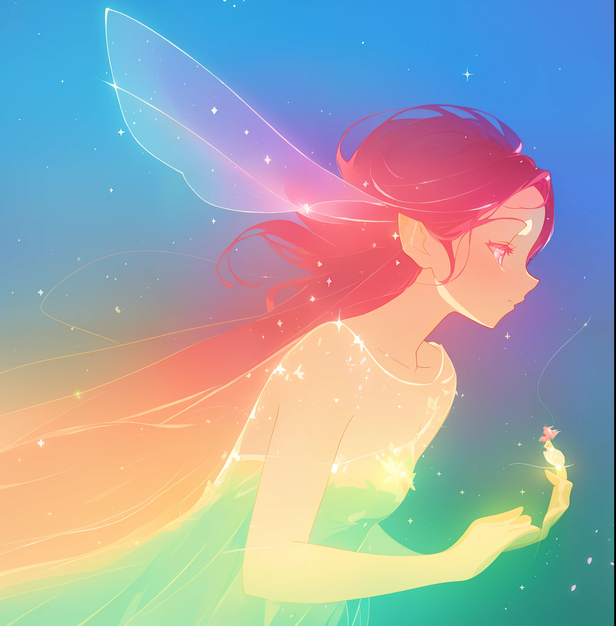 beautiful fairy girl in sparkling dress, glowing ballgown, long red pink hair, colorful fantasia background, fairy wings watercolor illustration, disney art style, glowing aura around her, glowing lights, beautiful digital illustration, fantasia otherworldly landscape plants flowers, beautiful, masterpiece, best quality, anime disney style