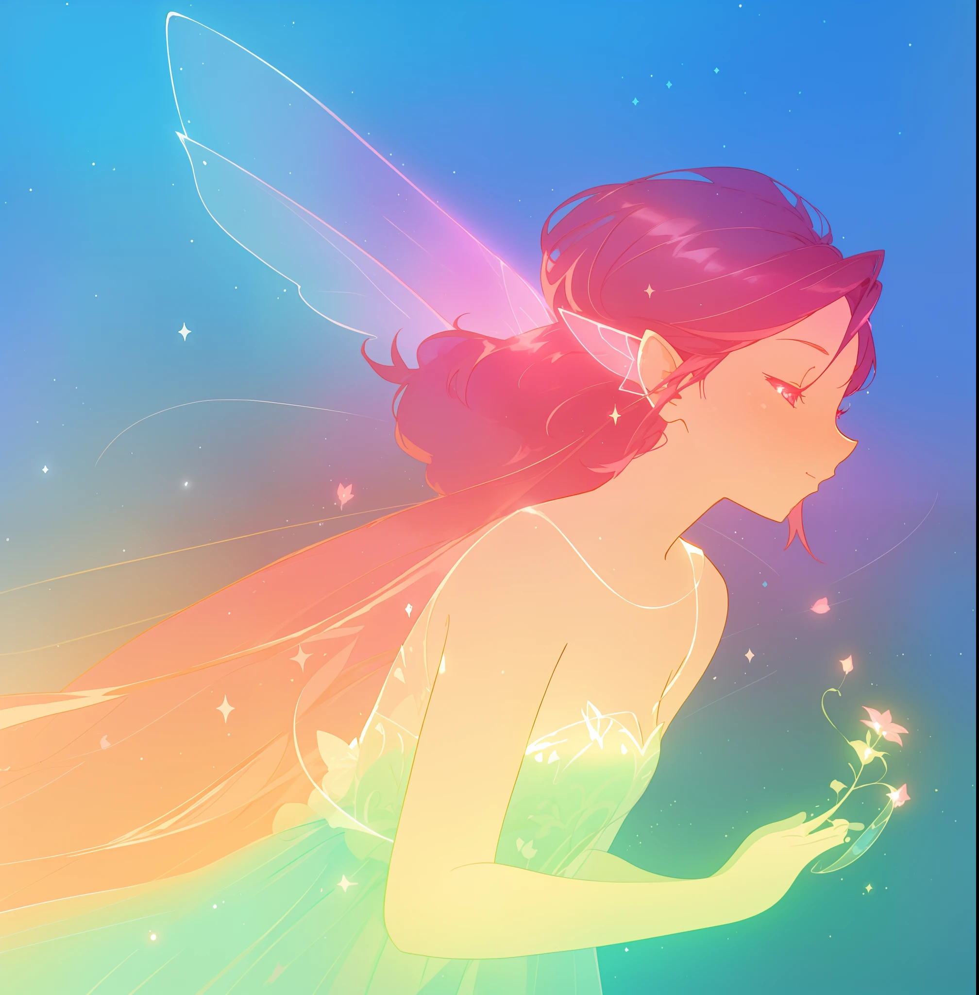 beautiful fairy girl in sparkling dress, glowing ballgown, long red pink hair, colorful fantasia background, fairy wings watercolor illustration, disney art style, glowing aura around her, glowing lights, beautiful digital illustration, fantasia otherworldly landscape plants flowers, beautiful, masterpiece, best quality, anime disney style