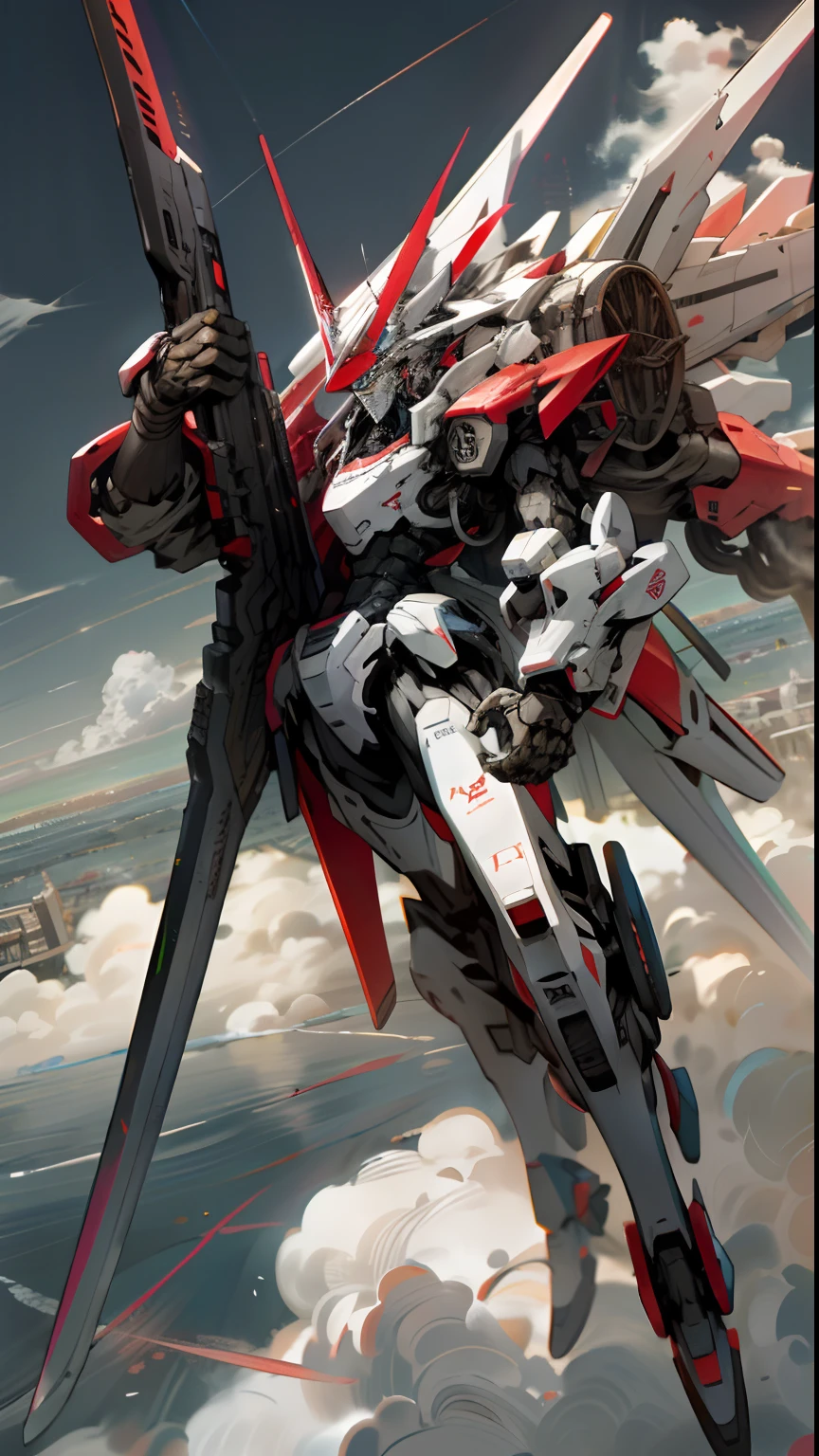 heaven, Nuvens, holding_weapon, no_humans, Brilho, Mecha todo vermelho, Arquitetura, scientific fiction, Cidade, Realidade