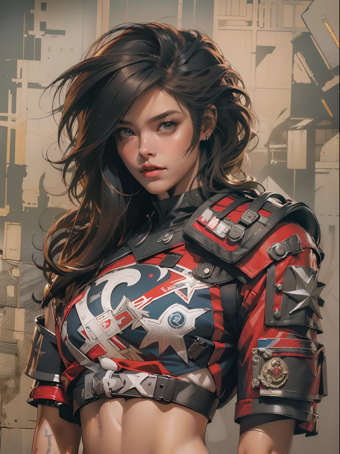 (((mulher))), (((melhor qualidade))), (((obra prima))), (((adulto))), (((1girl))), ((( corte de cabelo bob ))), Uma gladiadora cyberpunk mulher de 25 anos com corpo perfeito, shoulder pads with metal spines, Gladiadores do Brooklyn, (( corte de cabelo bob )), tiny leather panties, camiseta de time de rugby rasgada, quase nua no estilo selvagem urbano de Simon Bisley para a capa da revista Heavy Metal, Cabelo loiro curto, Minimum clothing, Metal protection on the left arm with intricate graphics, Dark red with white stars and white and navy blue checkerboard pattern, armadura, cheio de pontas e rebites, (((do joelho pra cima))), cabelos loiro branco curto, no fundo uma parede pintada por Shepard Fairey com um design intrincado
