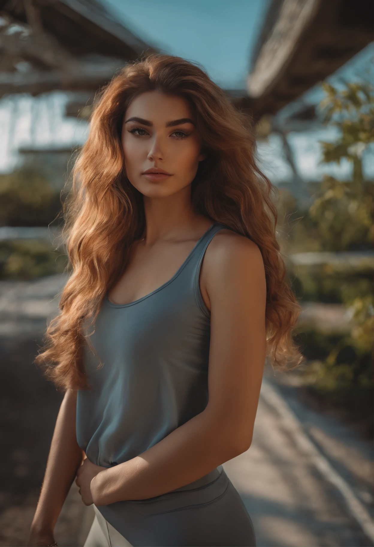 A girl with big straight wavy hair who likes to exercise outdoors