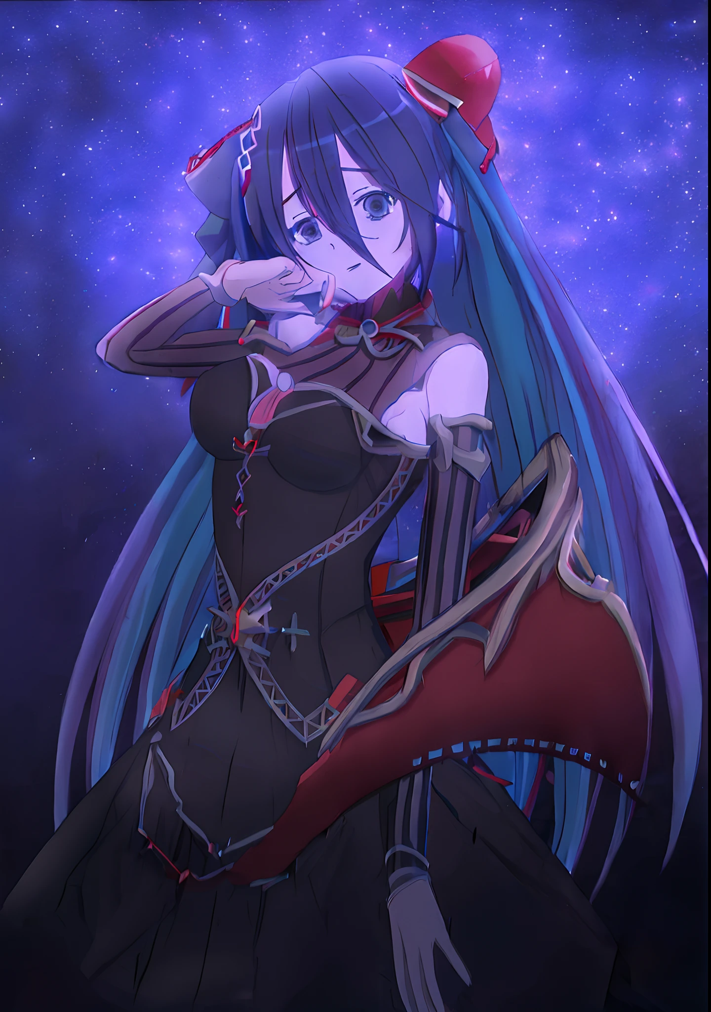 Anime girl with long blue hair and red ribbon on her head, hd artwork, 8k high quality detailed art, anime moe art style, /!\ a sorceress, hatsune miku in warhammer 40k, Gothic Maiden anime girl, hestia, high detailed official artwork, Miku, dark sorceress fullbody pose, nightcore, alchemist girl