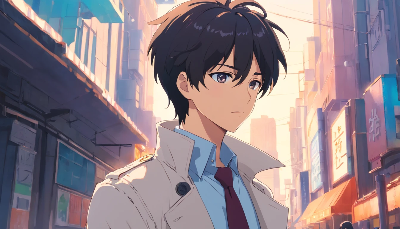 Handsome anime guy with short black hair and bright eyes，short beard The body is well-proportioned and robust。Clothes wearing a white trench coat，