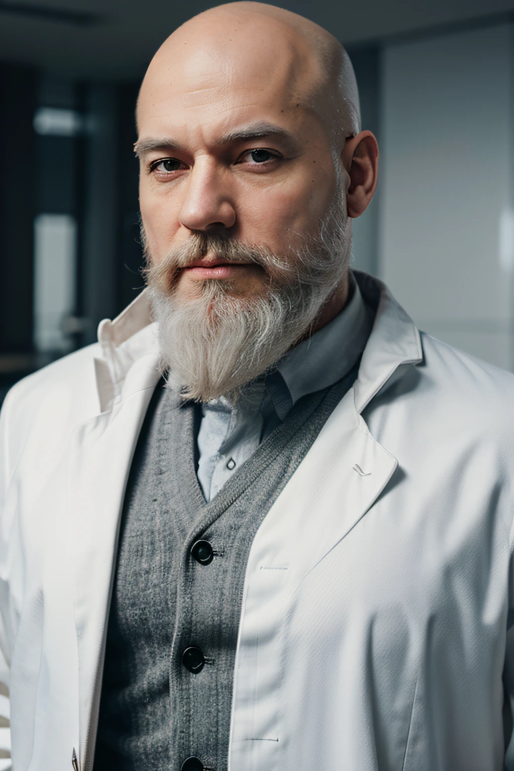 professor in white coat, white beard, bald, extremely detailed, realistic, 8k