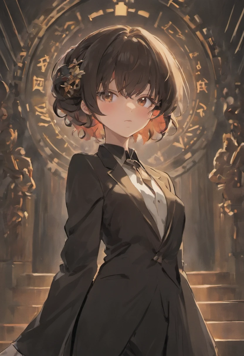 Generate a highly detailed image of an elegant, anime-style female character with dark hair and deep black eyes, dressed in formal attire. The focus of this artwork should be on the anime art style, capturing the essence of the medium. Pay meticulous attention to her facial features, ensuring that they reflect the anime aesthetic, and emphasize the fine details of her clothing, which should have a formal and elegant design. The character's pose and expression should exude grace and sophistication. Place her in an urban environment or background that complements the anime art style and enhances the overall visual appeal of the image.